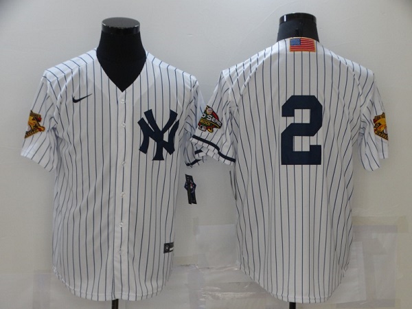 Men's New York Yankees #2 Derek Jeter White Strip World Series Cool Base Stitched Baseball Jersey